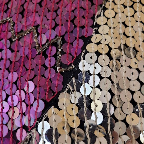 JLB Paris 100% Silk Sequin Short‑Sleeve Top L Pink Silver Gold Wave Party Blouse - Picture 10 of 14